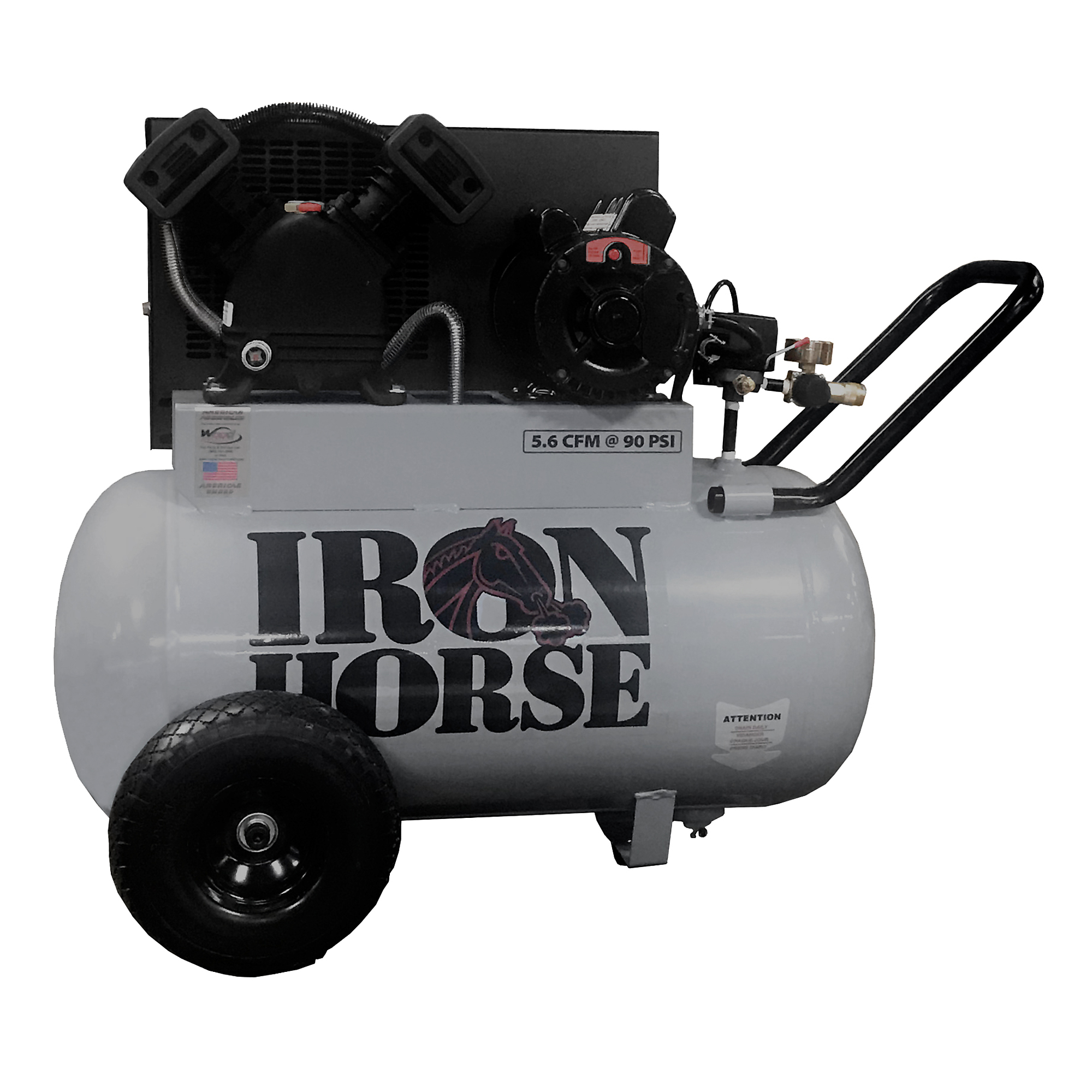 Iron Horse, 20 Gallon Horizontal Belt Drive Compressor, Horsepower 2 HP, Air Tank Size 20 Gal, Volts 110 or 220 Volt, Model# IHP5120H1-US